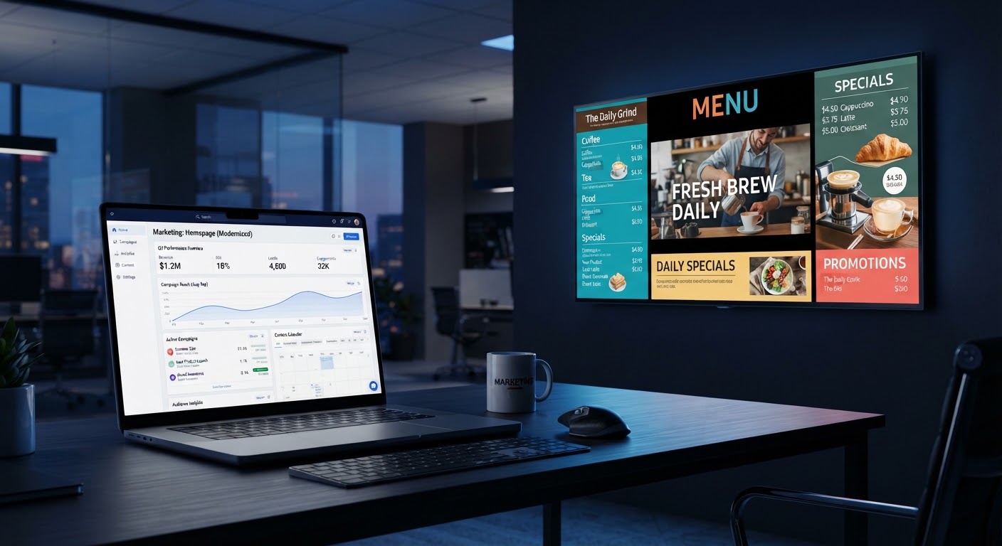 A signage dashboard on a laptop beside a wall display playing scheduled content