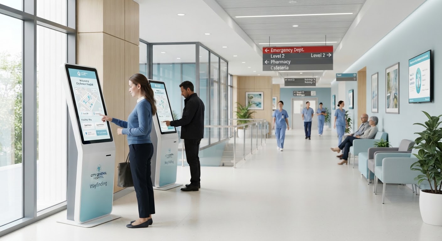 A bright campus corridor with digital information displays