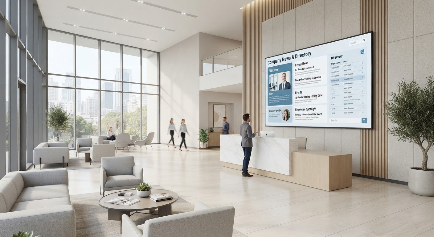 A corporate lobby with a large display showing company news