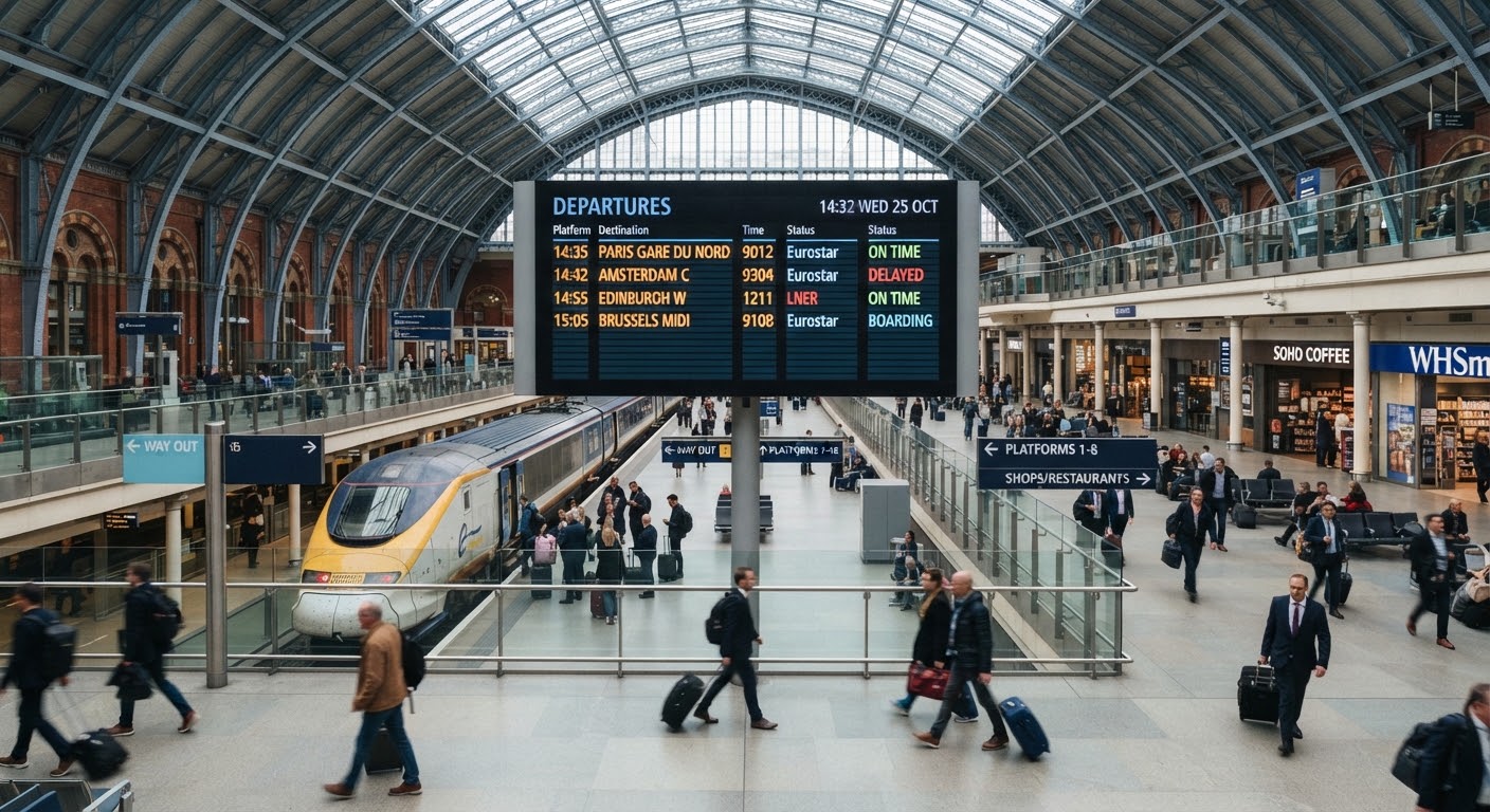 A transit hall with high-contrast digital displays